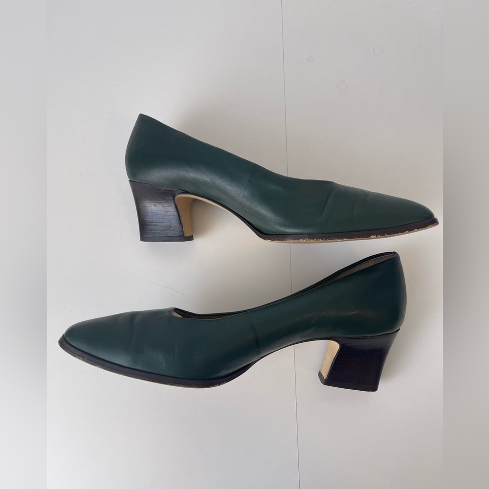 Forest Green Leather Vintage Pumps Vintage Shoes 9M - Picture 6 of 14